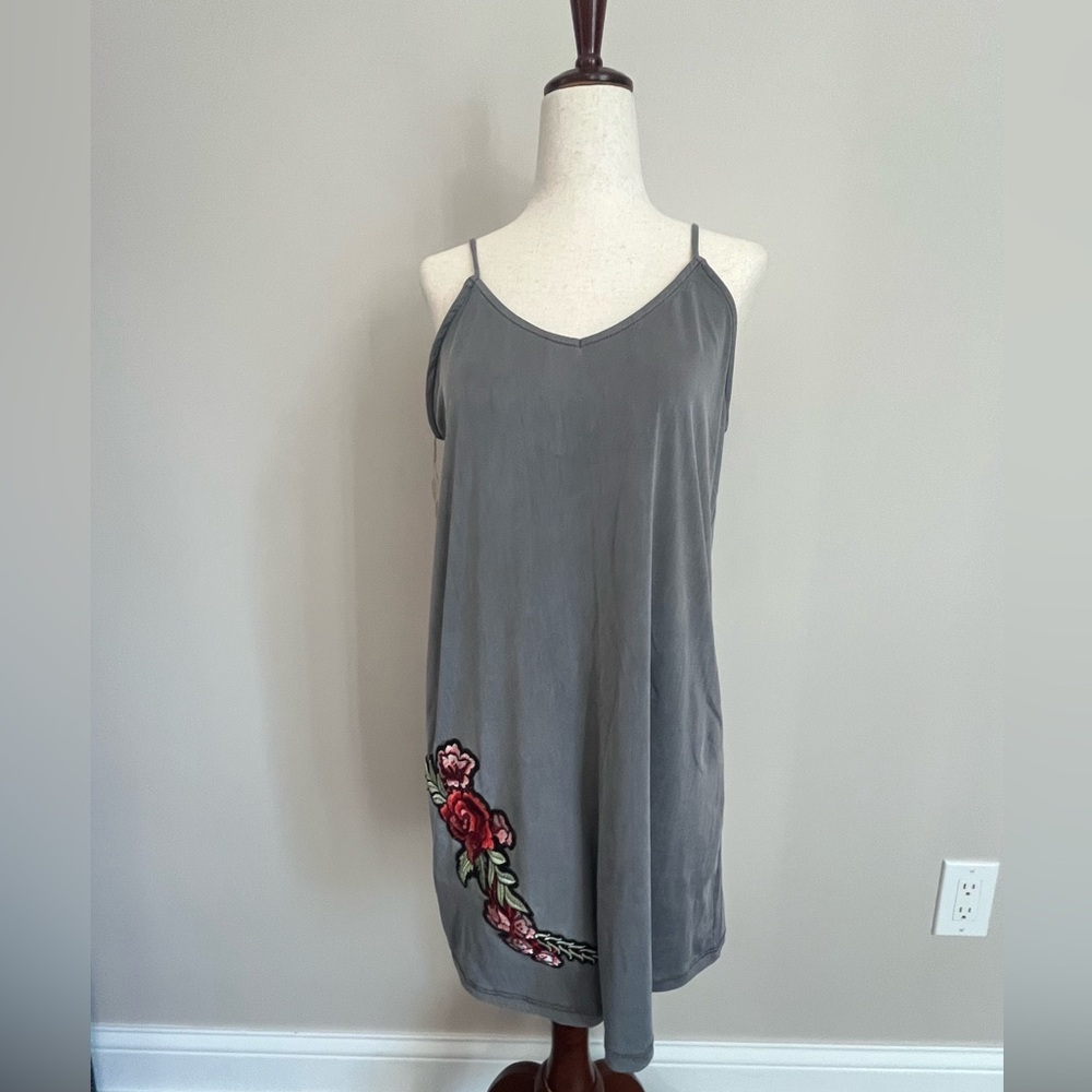 Vintage 90’s Charcoal Gray Mini Slip Dress with Red Rose Embroidery